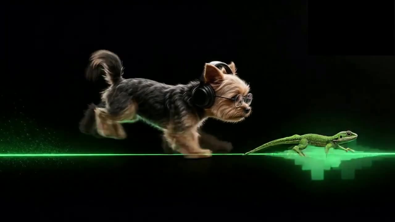 Un cagnolino corre lungo una linea di luce verde nel buio.